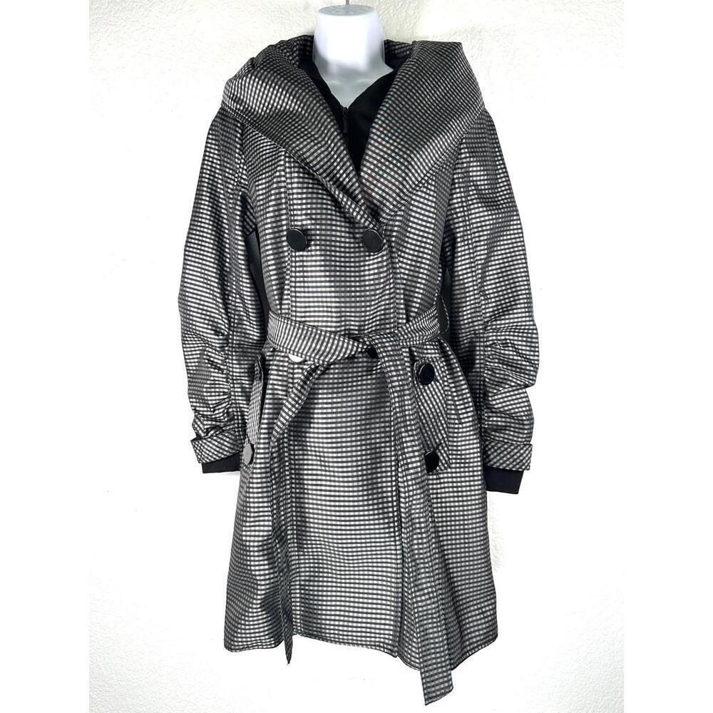 Shimmer Check Hooded Trench Coat Women’s M | Y2K Cyber Goth Streetwear